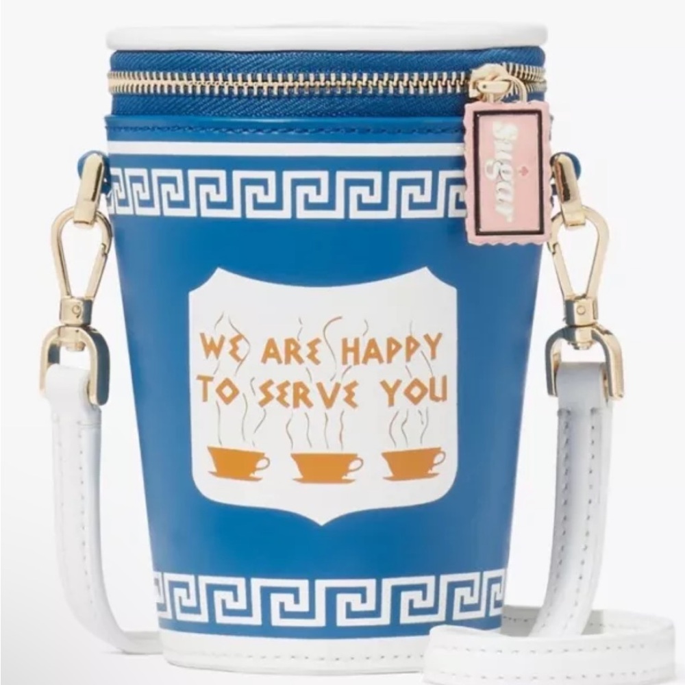 kate spade Blue White Crossbody Coffee Cup Bag with Gold Accents